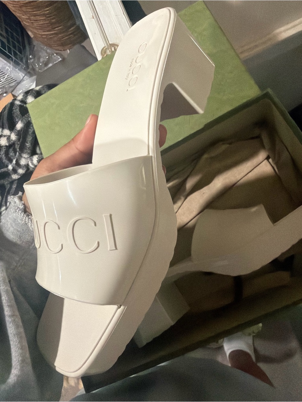 Gucci Cream Platform Slide Mules with Embossed Logo